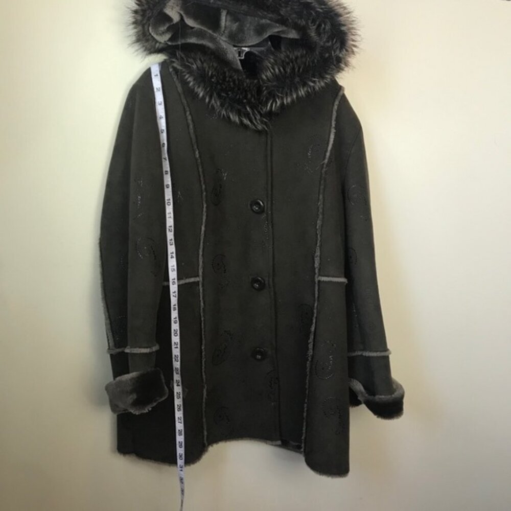 PIZAZZ  Vintage Y2K Faux Fur Shearling Hood Paisley Coat Jacket Cozy Fur Lined L - Picture 10 of 16